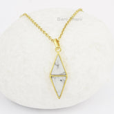 White Howlite Necklace, Howlite 10x13mm Double Triangle Gemstone Bezel Necklace, 18k Gold Plated Sterling Silver Pendant Necklace